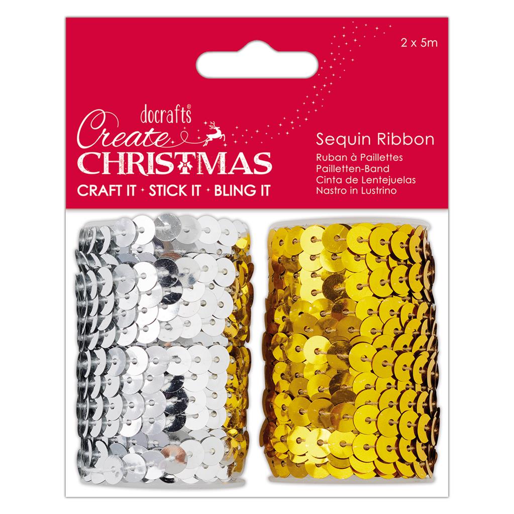 Create Christmas Sequin Ribbon 5m - Gold/Silver (2pk)