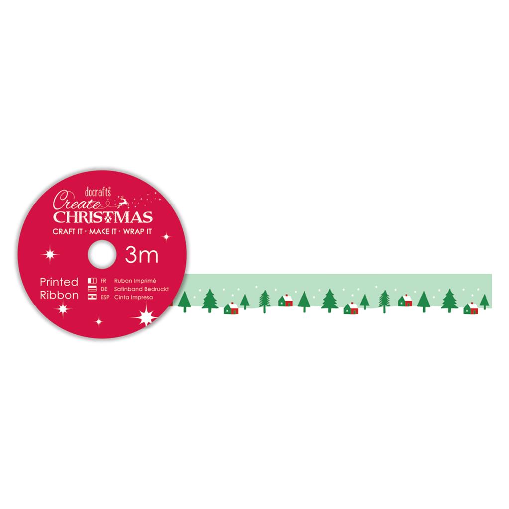 Create Christmas Printed Ribbon - Green Trees 3m