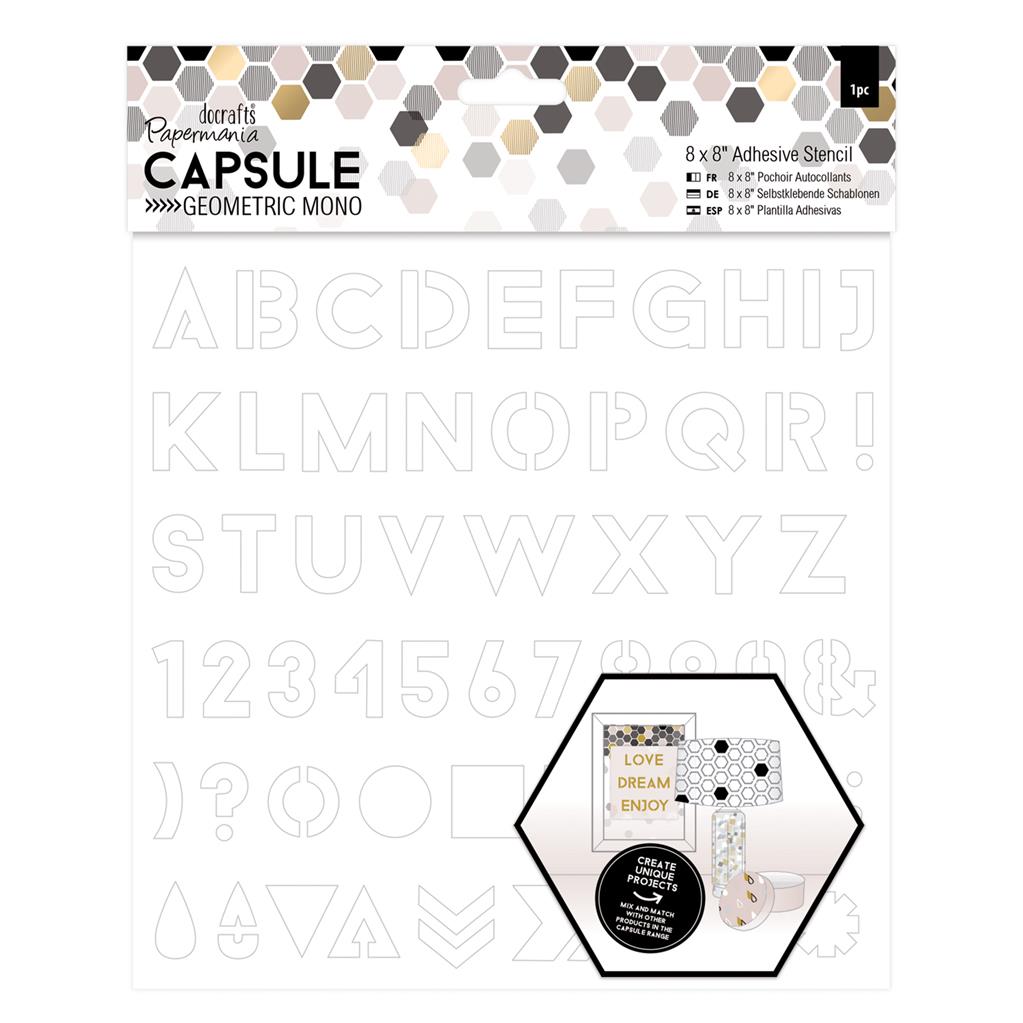Papermania 8" x 8" Adhesive Alphabet Stencil - Capsule Geometric Mono