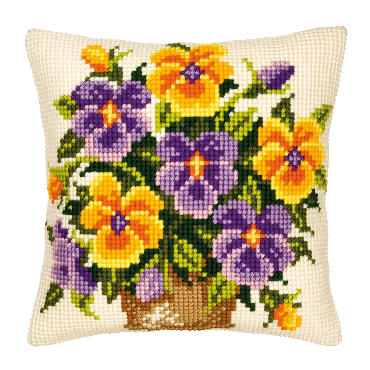 Vervaco Cross Stitch Kit 40cm Cushion Cover - Yellow and Purple Pansies