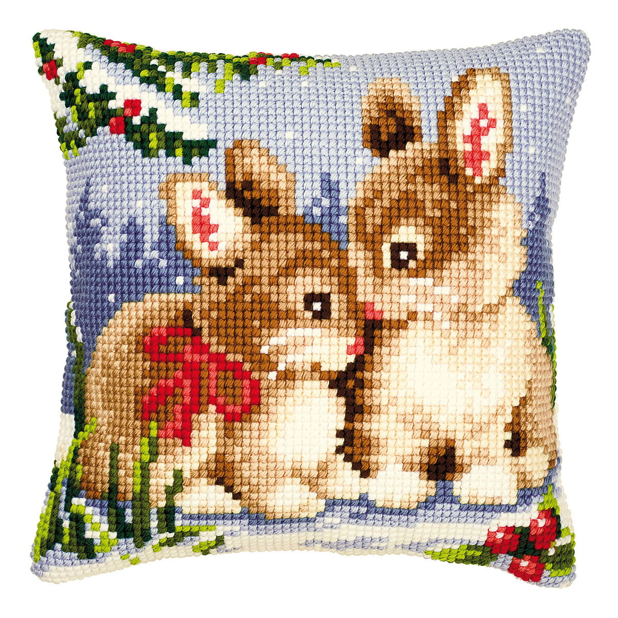 Vervaco Cross Stitch Kit 40cm Cushion Cover - Winter Scene Bunnies