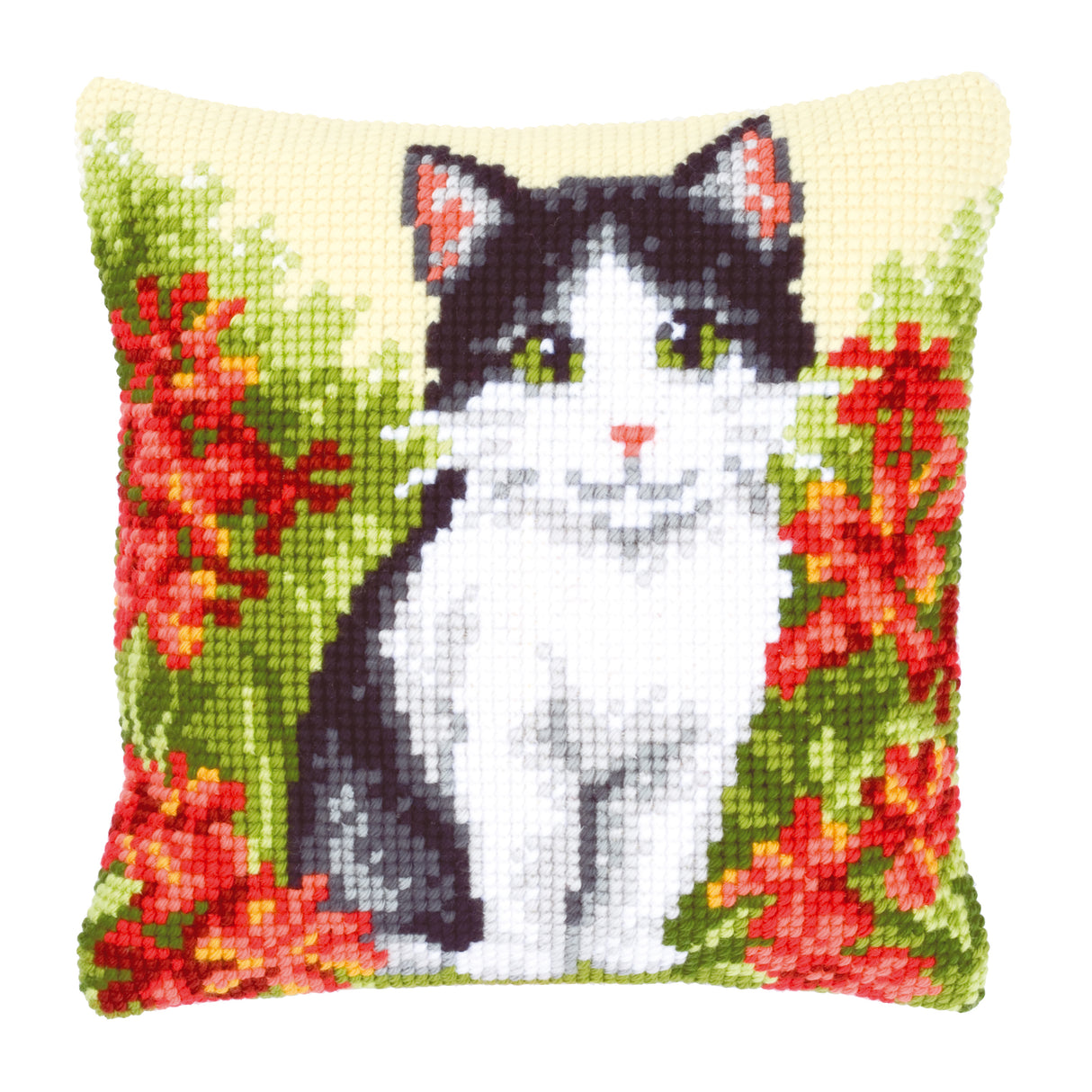 Vervaco Cross Stitch Kit 40cm Cushion Cover - Black & White Cat in Flowers