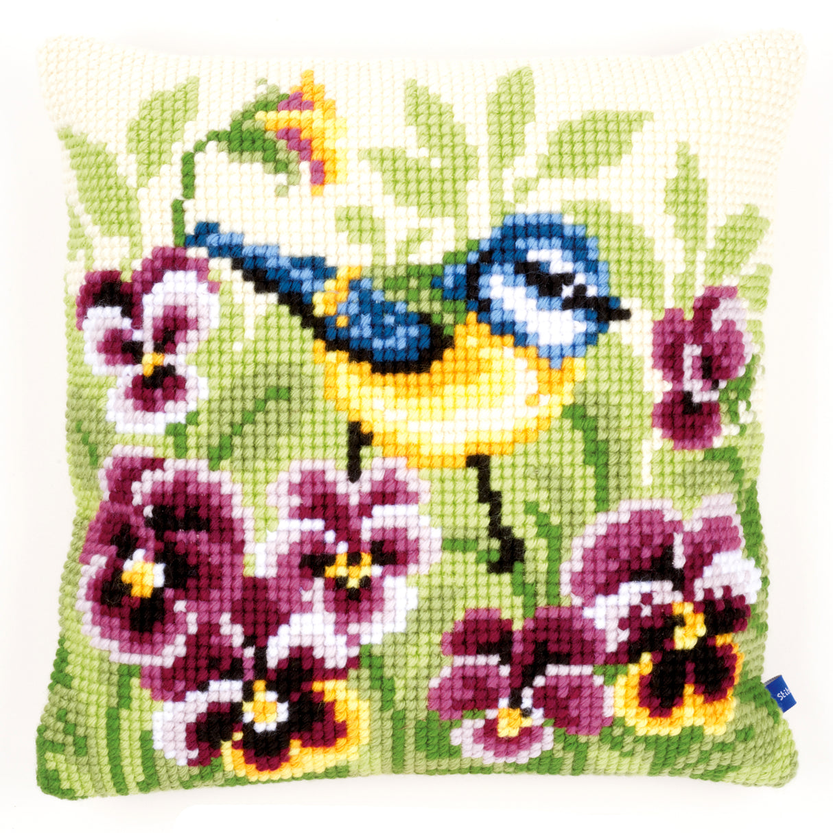 Vervaco Cross Stitch Kit 40cm Cushion Cover - Blue Tit on Pansies