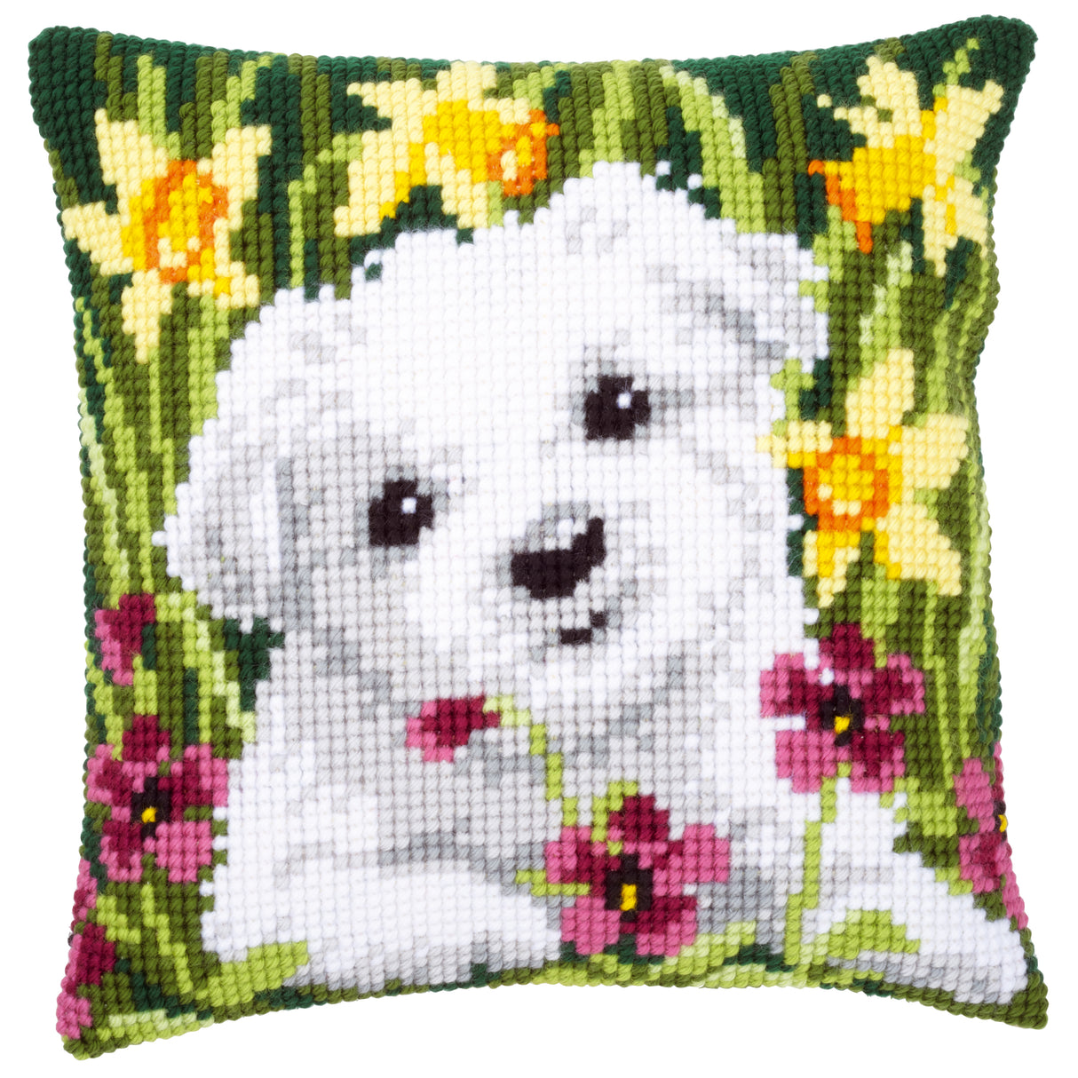 Vervaco Cross Stitch Kit 40cm Cushion Cover - Westie in Daffodils
