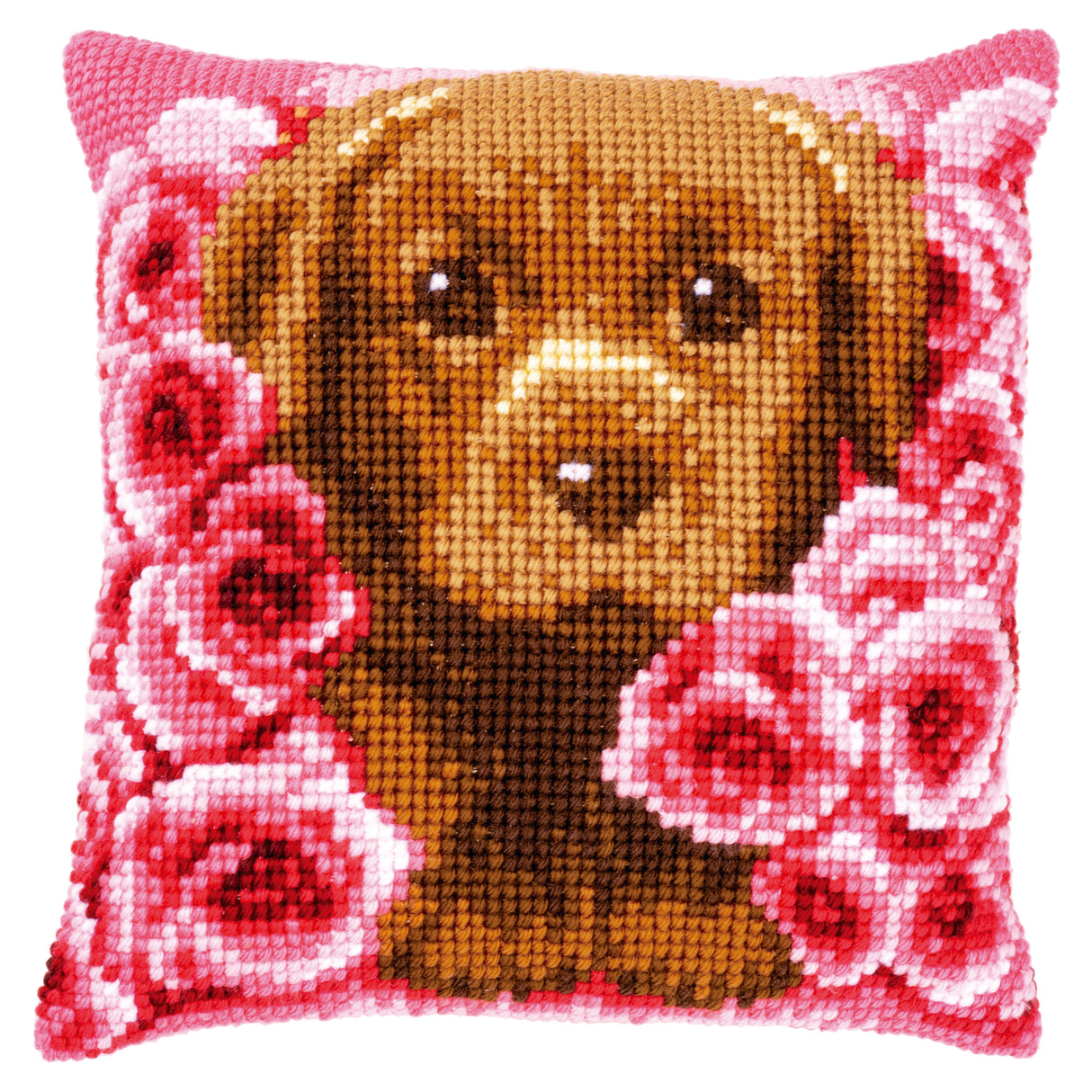 Vervaco Cross Stitch Kit 40cm Cushion Cover - Puppy Between Roses
