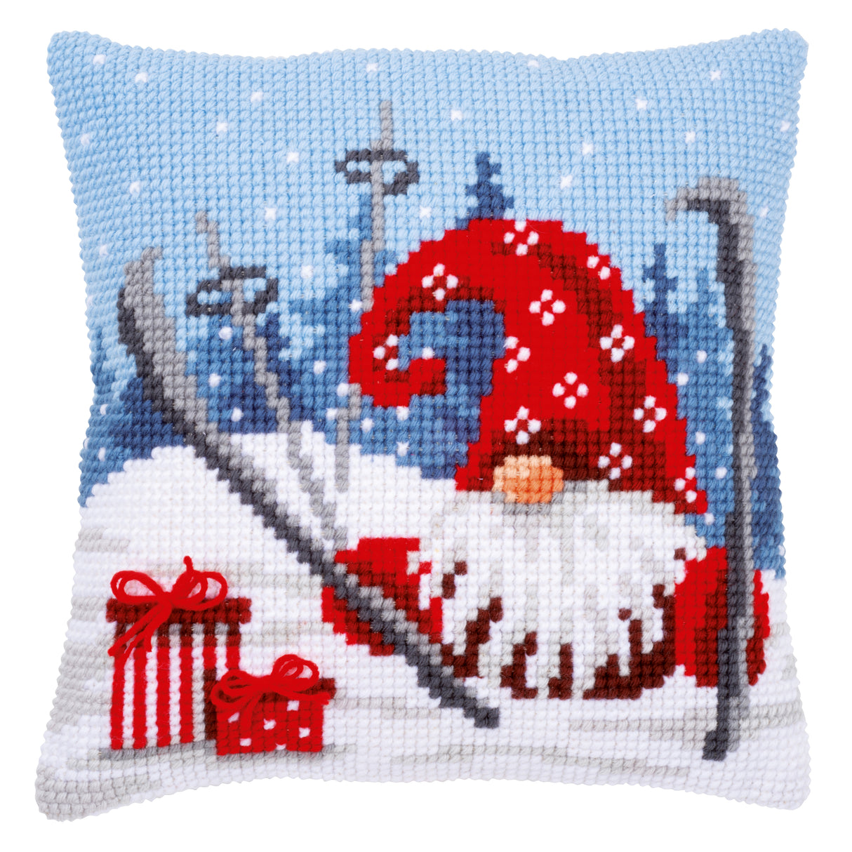Vervaco Cross Stitch Kit 40cm Cushion Cover - Christmas Gnome Skiing 1