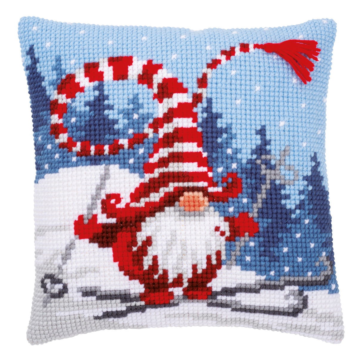 Vervaco Cross Stitch Kit 40cm Cushion Cover - Christmas Gnome Skiing 2