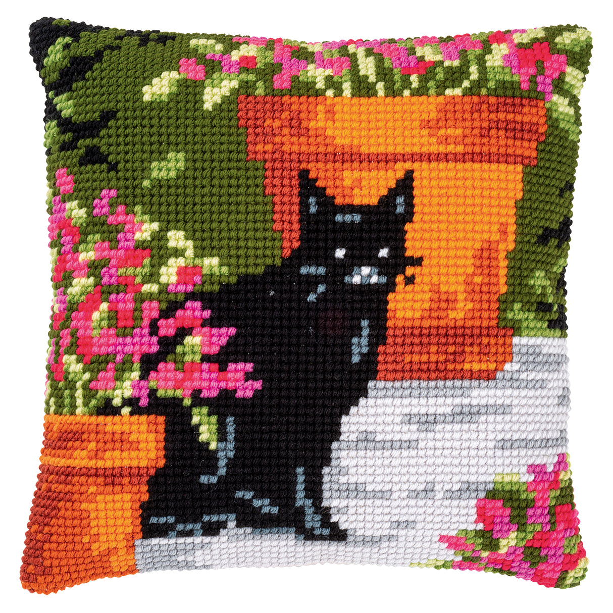 Vervaco Cross Stitch Kit 40cm Cushion Cover - Black Cat with Flower Pots