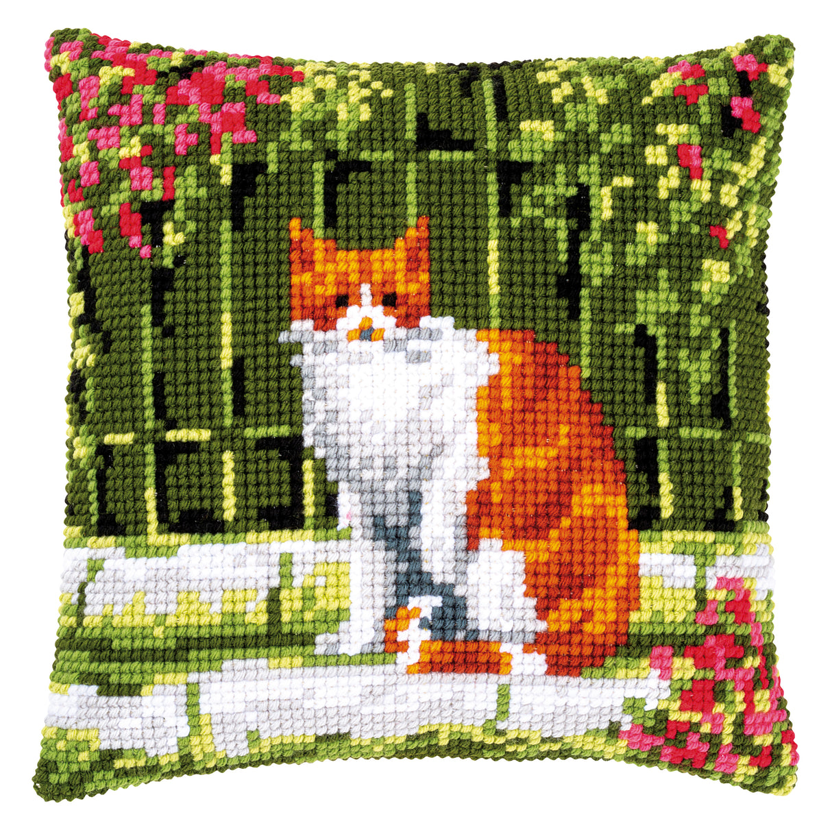 Vervaco Cross Stitch Kit 40cm Cushion Cover - Ginger Cat Between Flowers