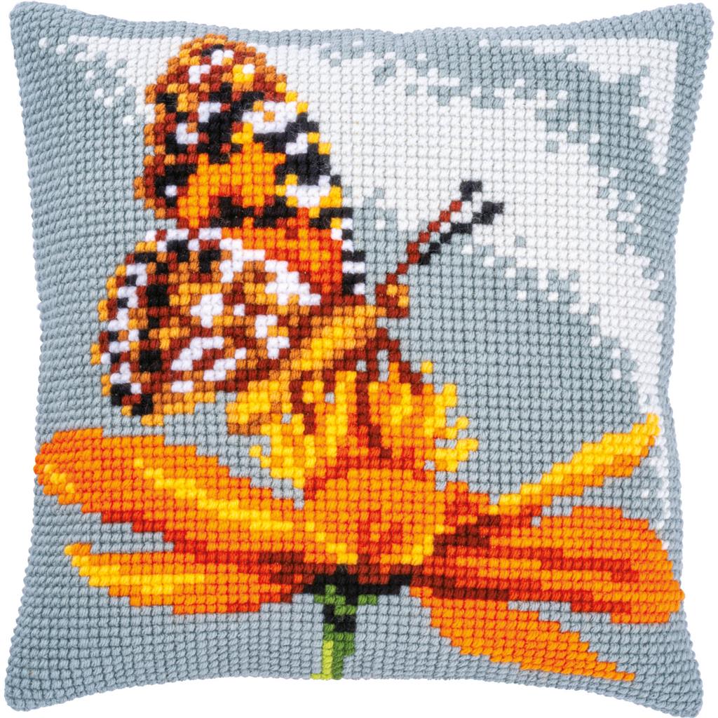Vervaco Cross Stitch Kit 40cm Cushion Cover - Butterfly & Orange Flower
