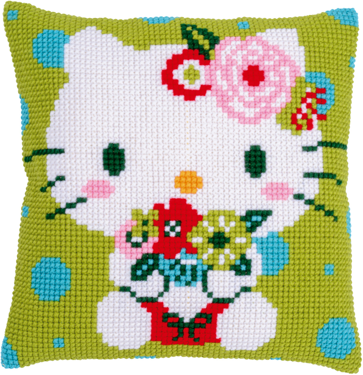 Vervaco Cross Stitch Kit 40cm Cushion Cover - Hello Kitty Green Floral