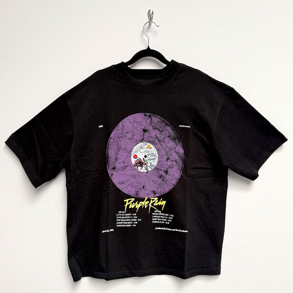 Prince Unisex Oversized Boxy T-Shirt Purple Rain Disc Black (XL)