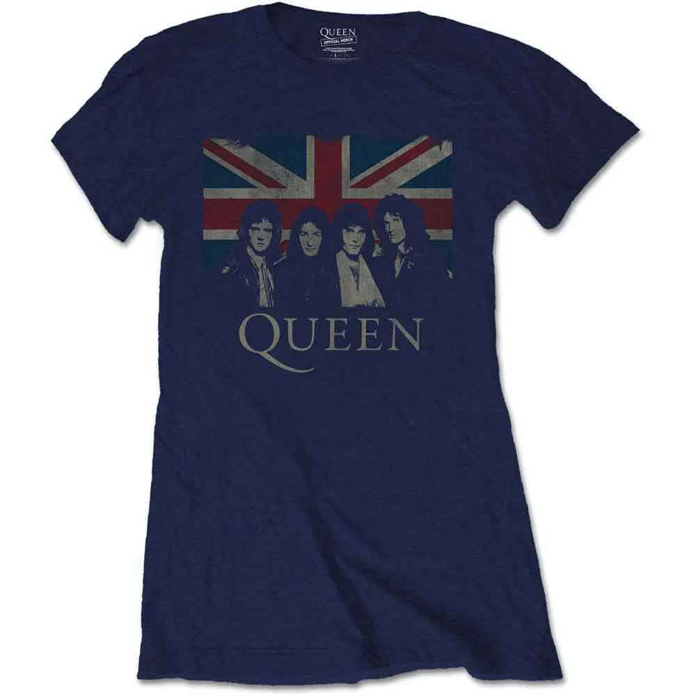 Queen Ladies T-Shirt Vintage Union Jack Navy Blue (M)