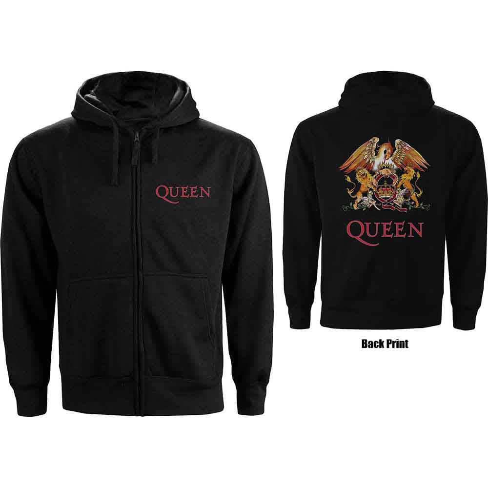 Queen Ladies Zipped Hoodie Classic Crest (Back Print) Black (M)