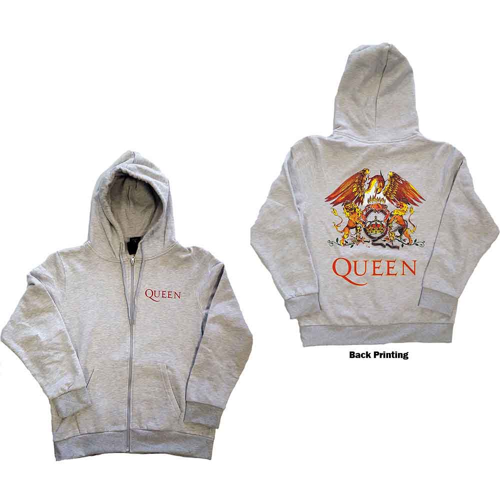 Queen Unisex Zipped Hoodie Classic Crest (Back Print) Grey (XXL)