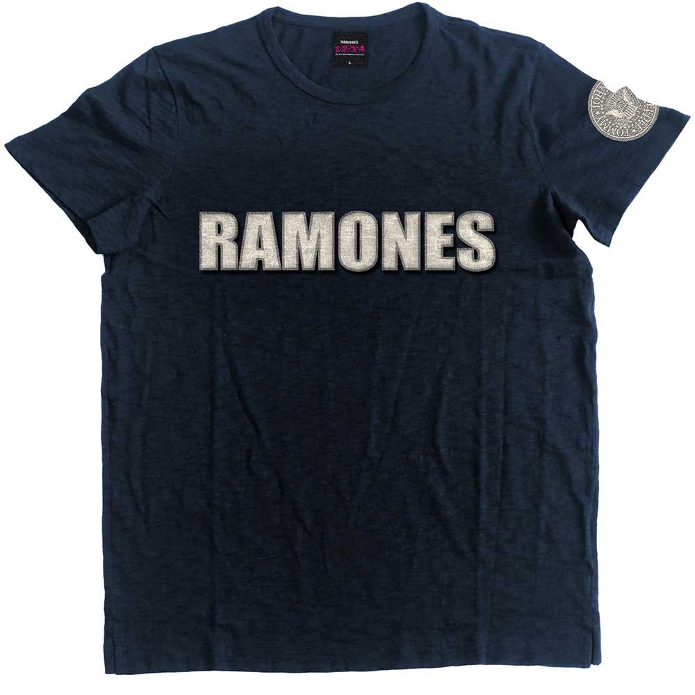 Ramones Men's Fashion T-Shirt Logo & Seal Applique Motifs Navy Blue (L)