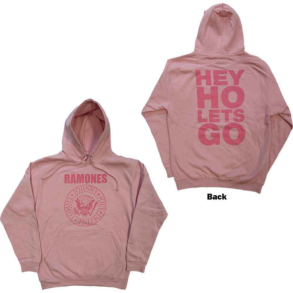 Ramones Unisex Pullover Hoodie Pink Hey Ho Seal (Back Print) Pink (L)