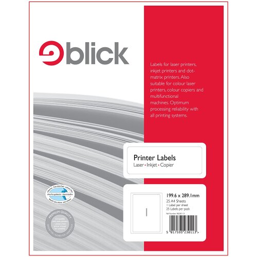 Blick A4 Printer Labels 199.6mm x 289.1mm (1 per Sheet) 25pk