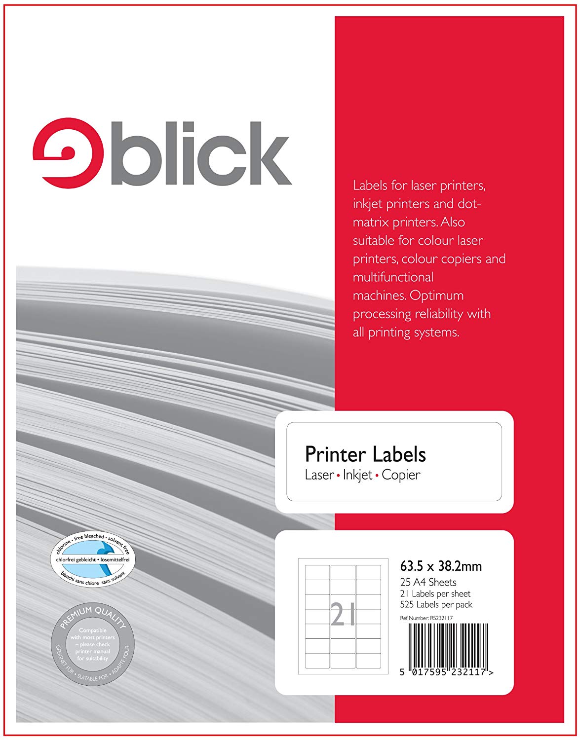 Blick A4 Printer Labels 63.5mm x 38.2mm (21 per Sheet) 25pk