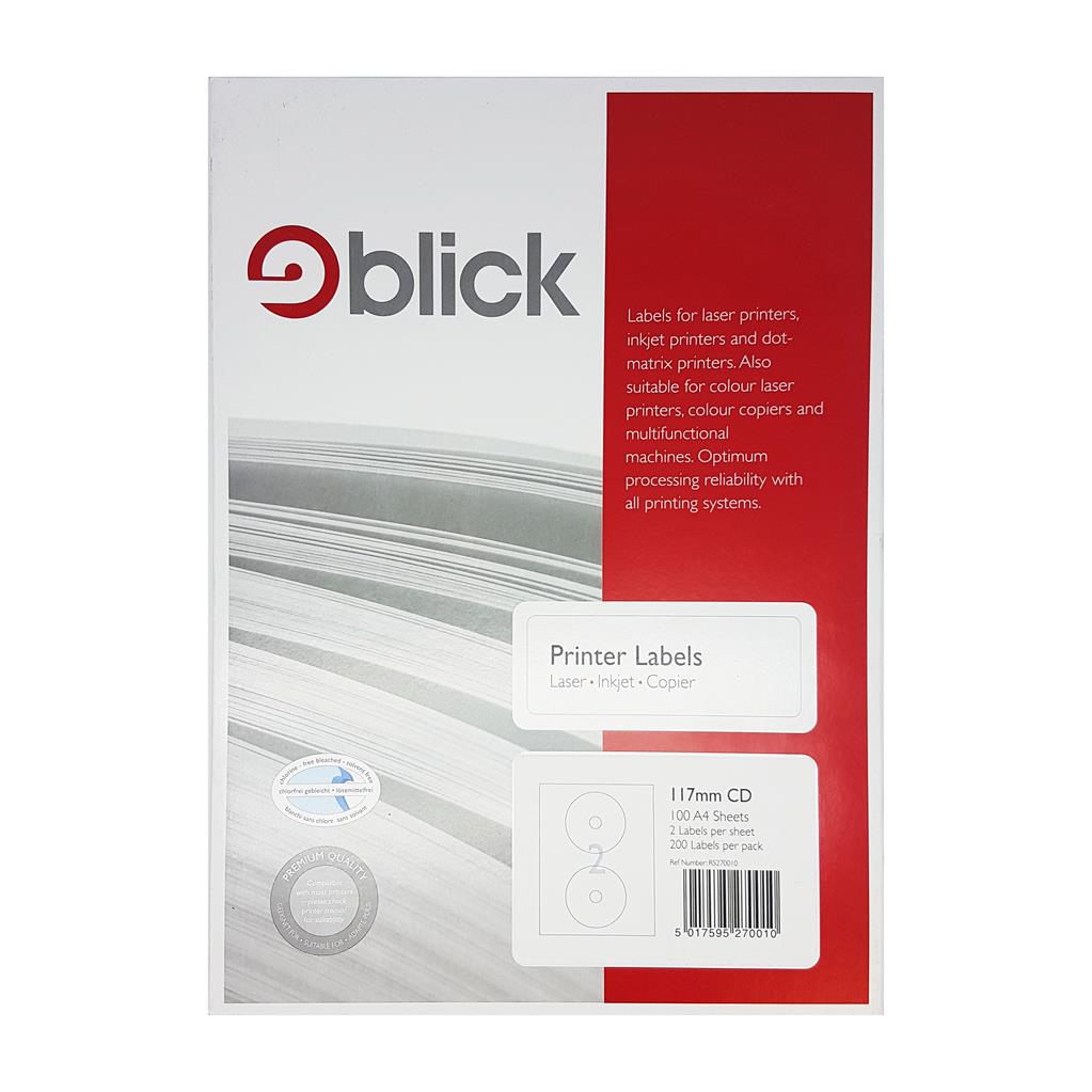 Blick A4 Printer Labels CD/DVD 117mm (2 per Sheet) 100pk