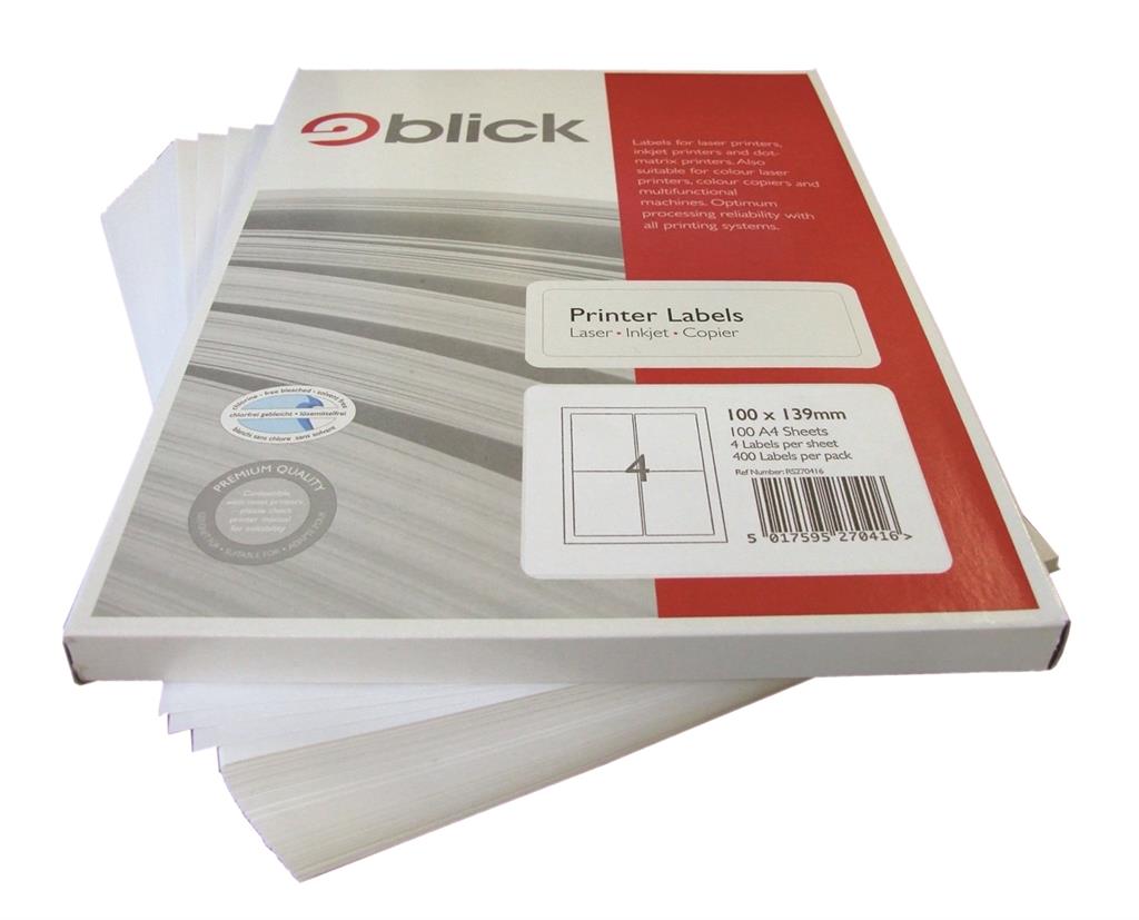 Blick A4 Printer Labels 100mm x 139mm (4 per Sheet) 100pk