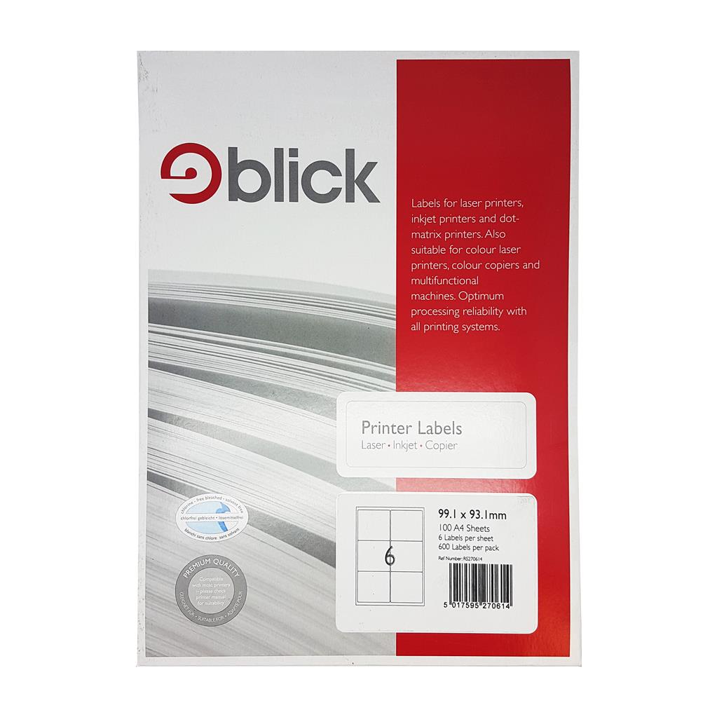 Blick A4 Printer Labels 99.1mm x 93.1mm (6 per Sheet) 100pk