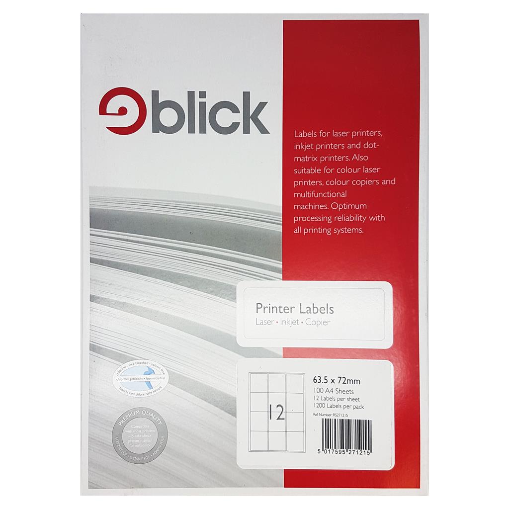 Blick A4 Printer Labels 63.5mm x 72mm (12 per Sheet) 100pk