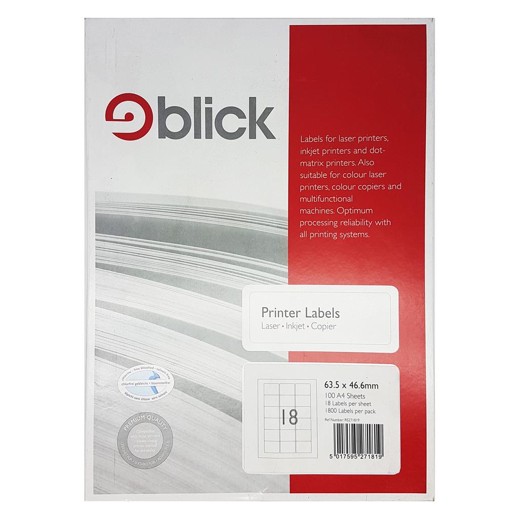 Blick A4 Printer Labels 63.5mm x 46.6mm (18 per Sheet) 100pk