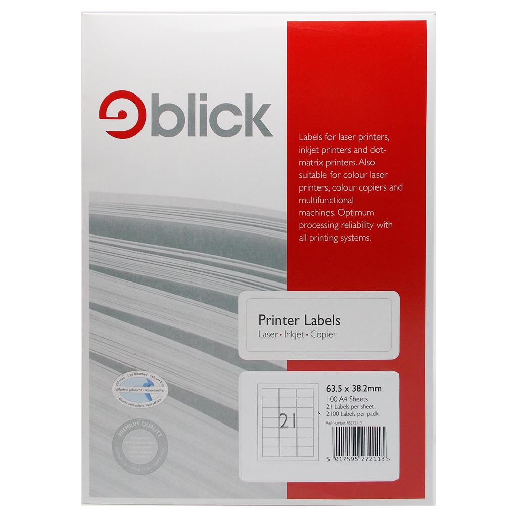 Blick A4 Printer Labels 63.5mm x 38.2mm (21 per Sheet) 100pk