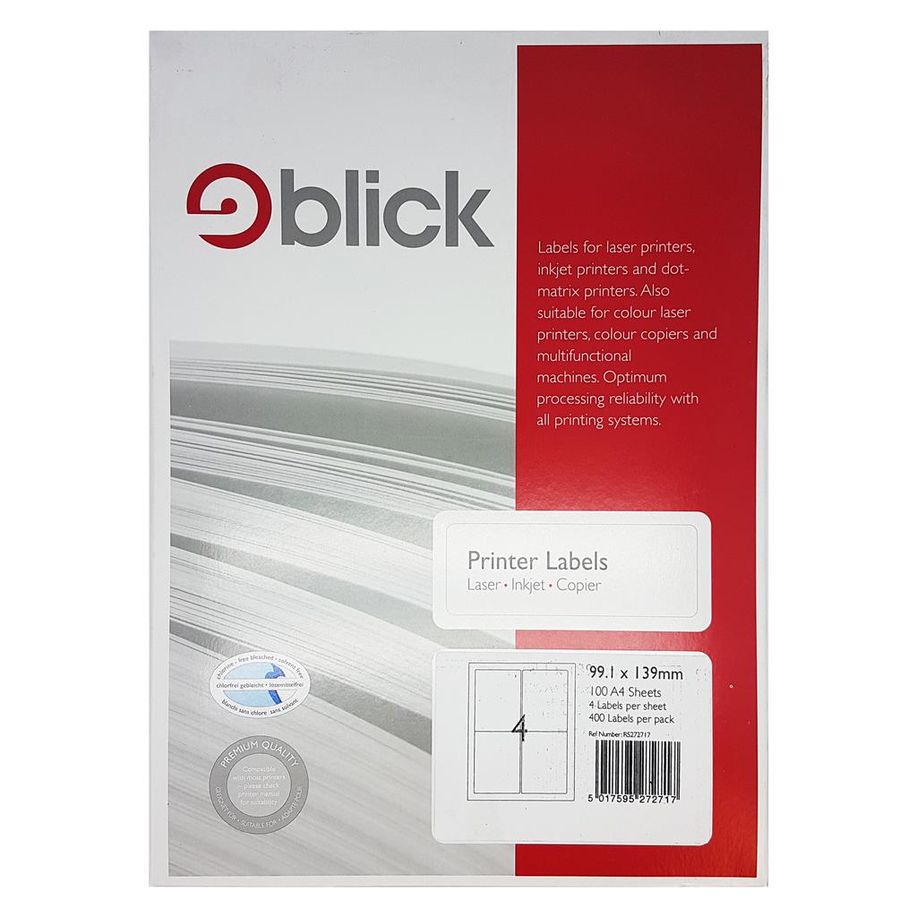 Blick A4 Printer Labels 99.1mm x 139mm (4 per Sheet) 100pk