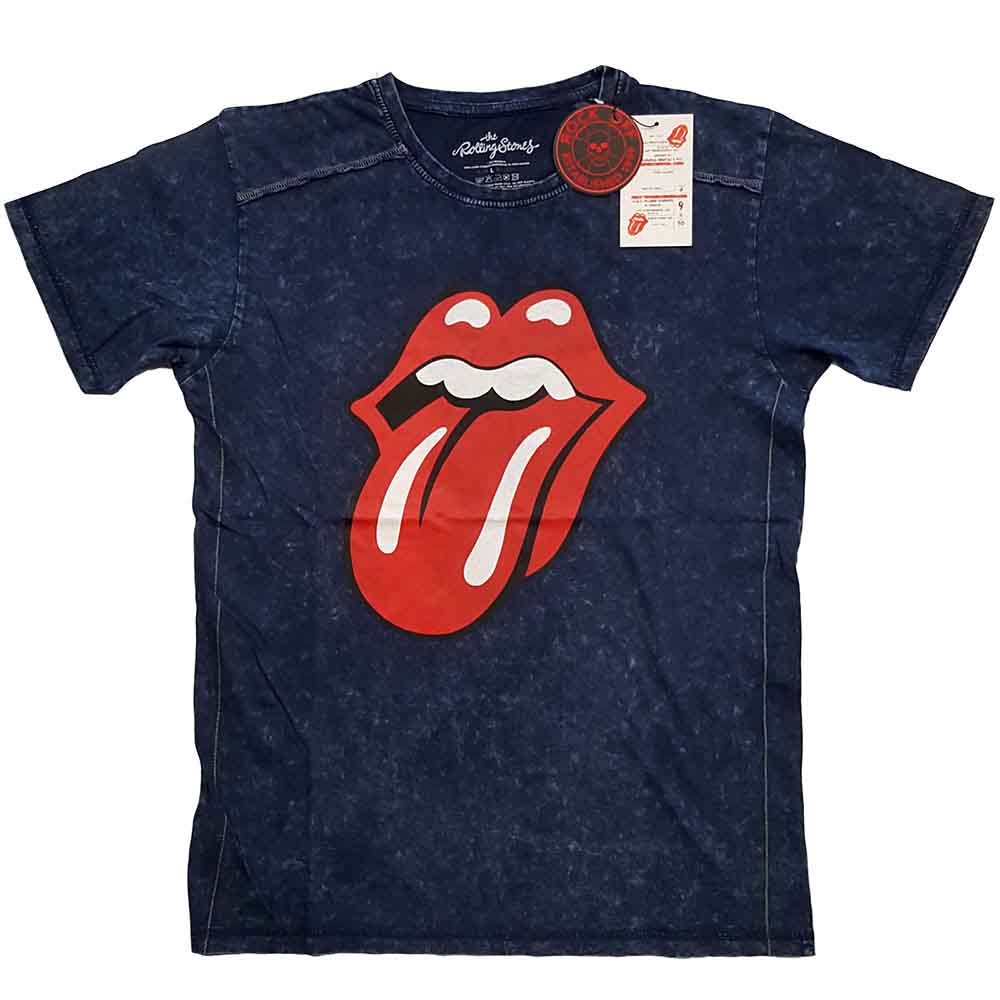 The Rolling Stones Unisex T-Shirt (Snow Wash) Classic Tongue Navy Blue (M)