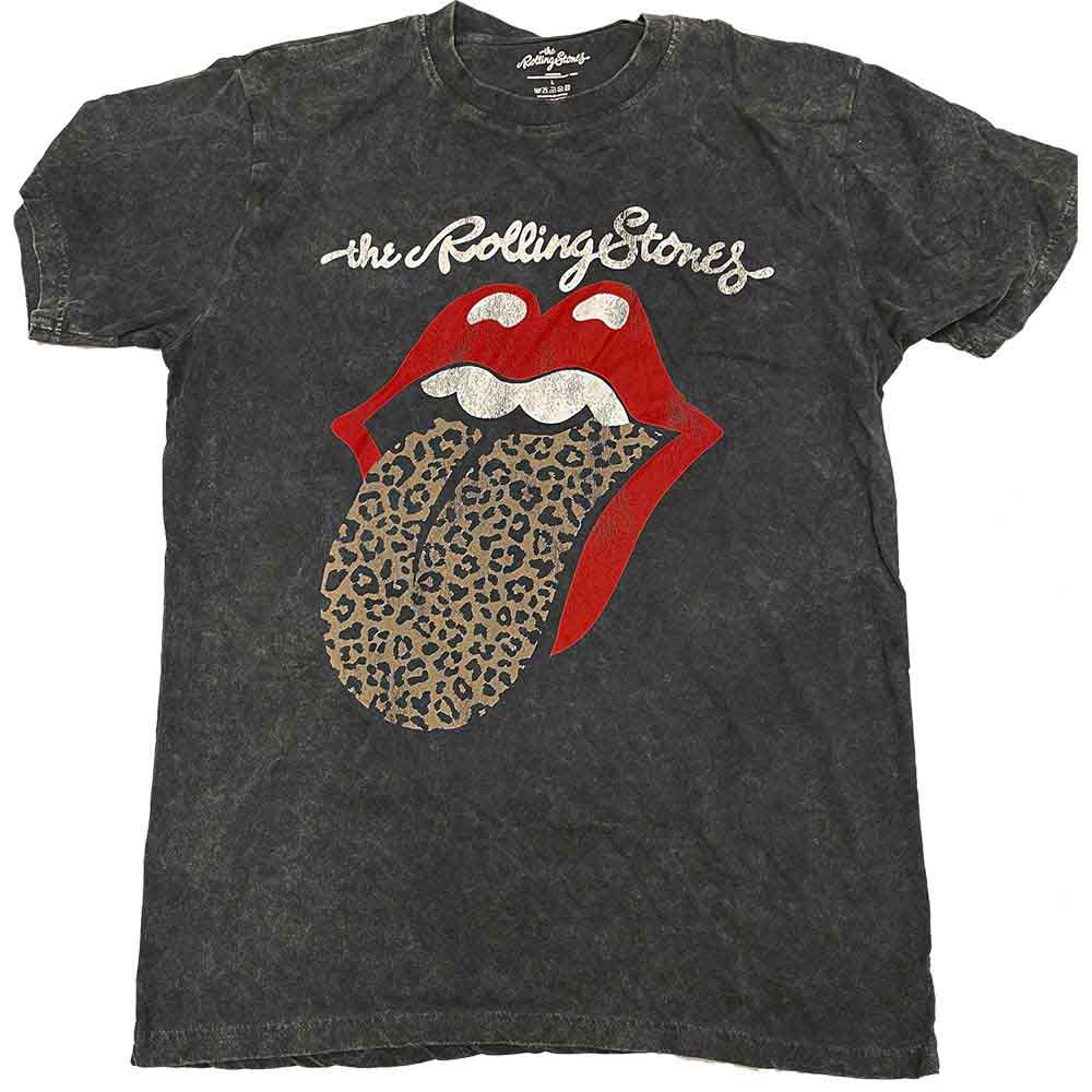 The Rolling Stones Unisex T-Shirt Leopard Tongue (Acid Wash) Black (L)