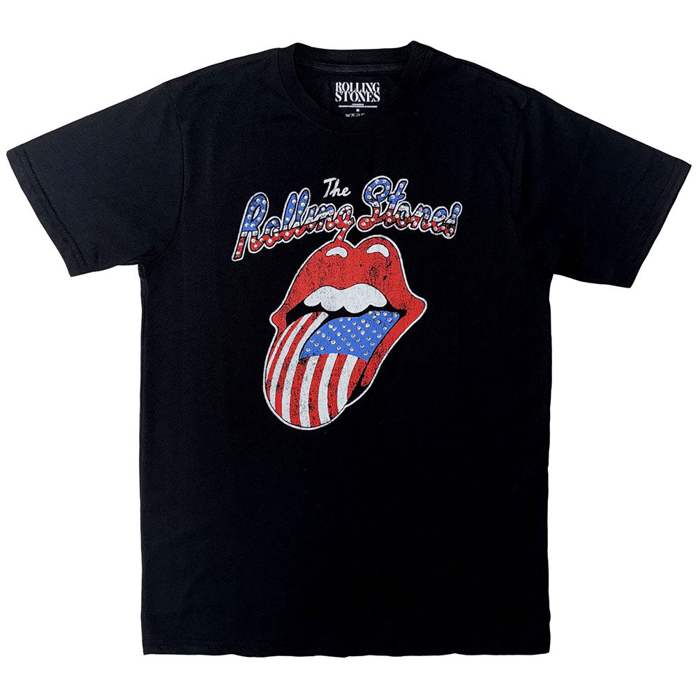 The Rolling Stones Unisex T-Shirt USA Tongue (Diamante) Black (S)