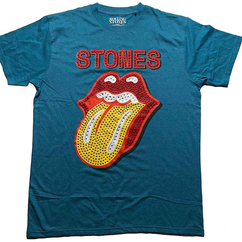 The Rolling Stones Unisex T-Shirt Dia Tongue (Diamante) Blue/Green (L)