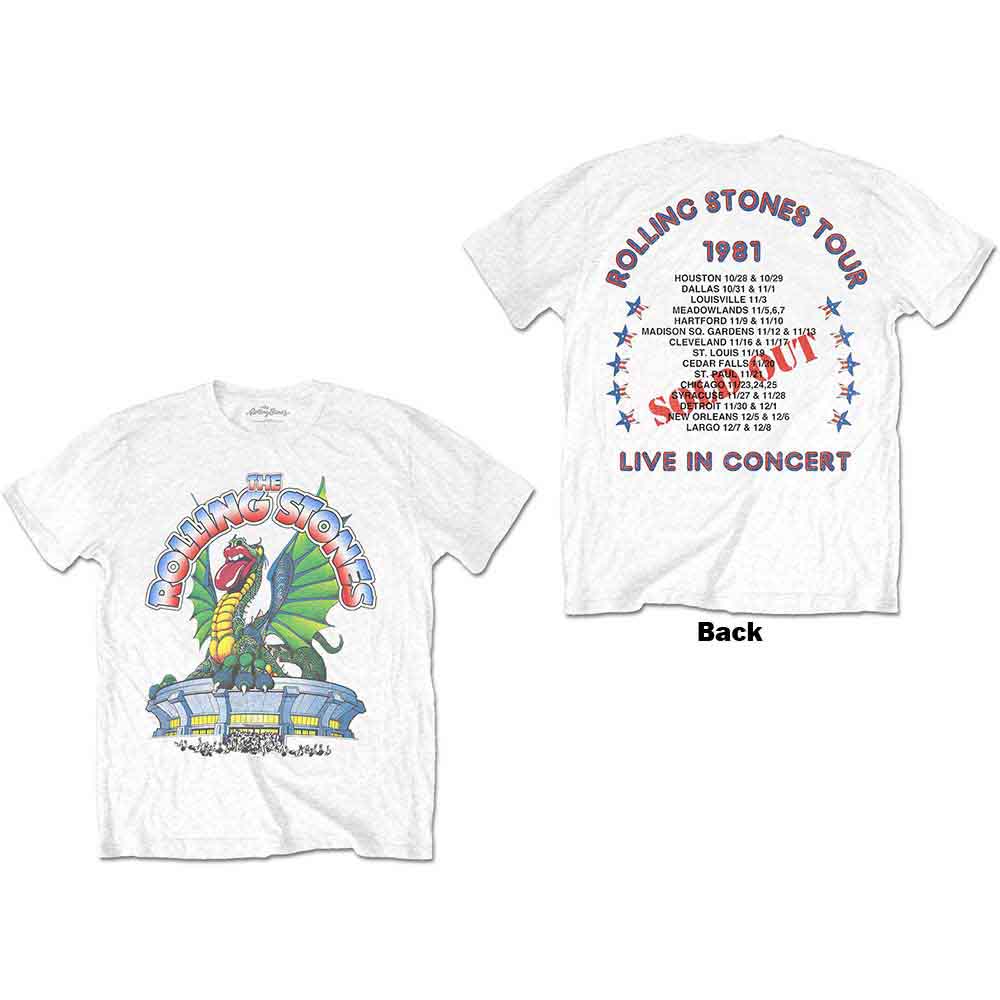 The Rolling Stones Unisex T-Shirt '81 Tour Dragon (Back Print) White (L)