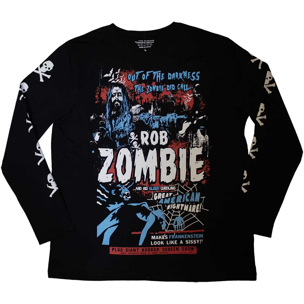 Rob Zombie Unisex Long Sleeve T-Shirt Zombie Call (Sleeve Print) Black (XXL)