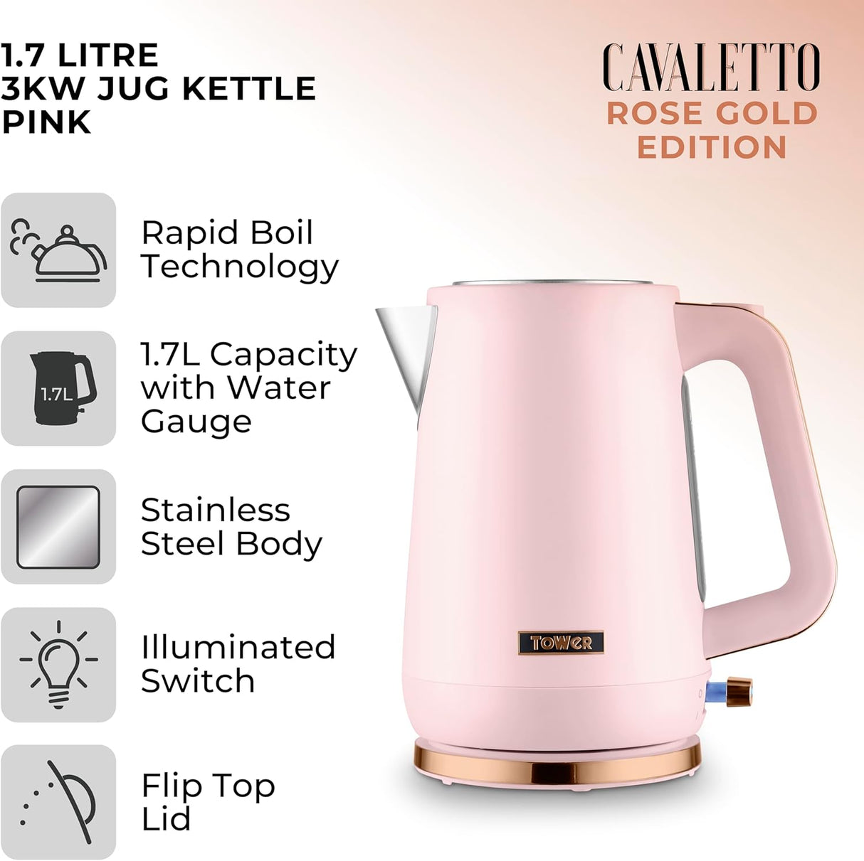 Tower T10100PNK Cavaletto 1.7L 3000W Jug Kettle Pink/Rose Gold