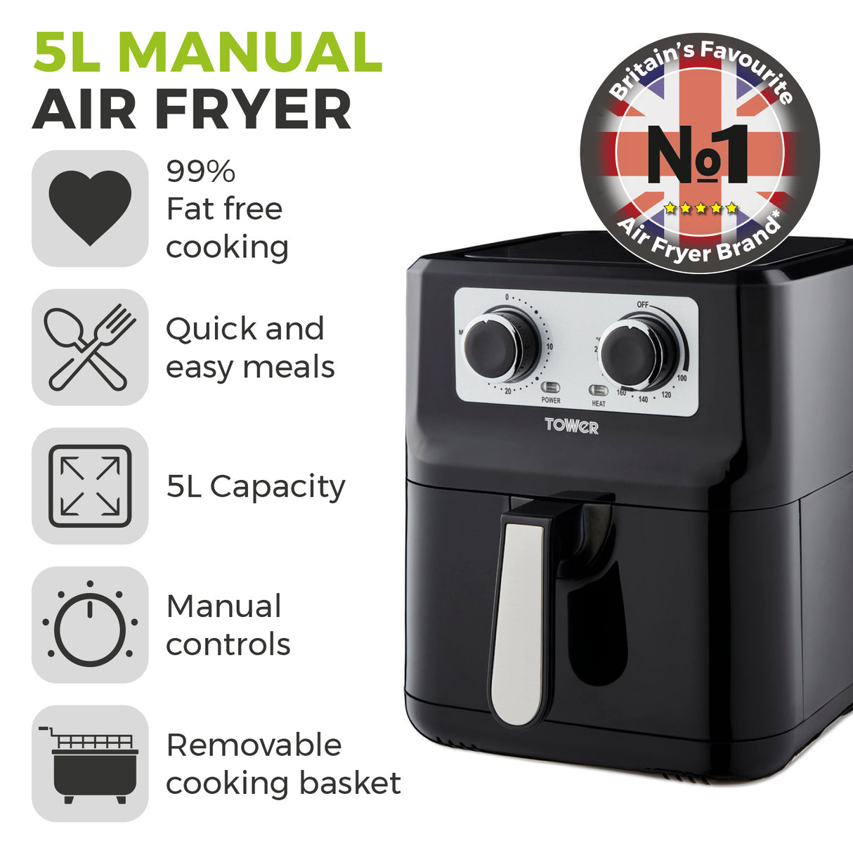 Tower Vortx T17090 5.0L Manual Basket Air Fryer Black