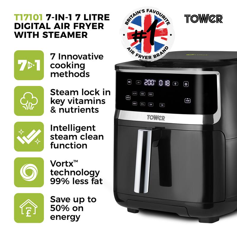 Tower Vortx T17101 7.0L Digital Basket Air Fryer with Steamer Black