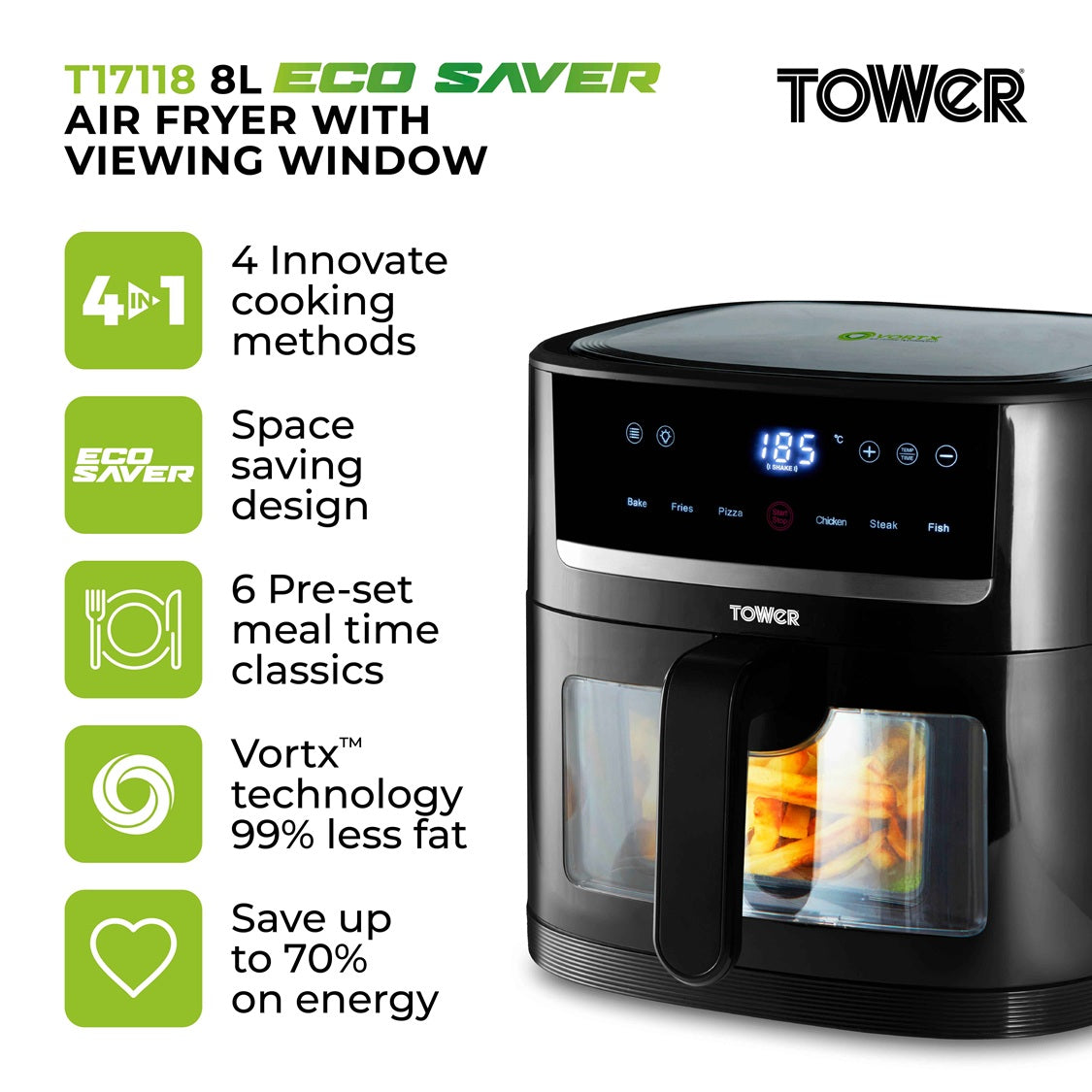 Tower Vortx Vizion T17118 8.0L Digital Basket Air Fryer Black