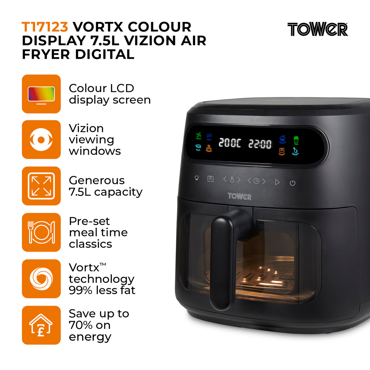 Tower Vortx Vizion T17123 7.5L Digital Basket Air Fryer Black