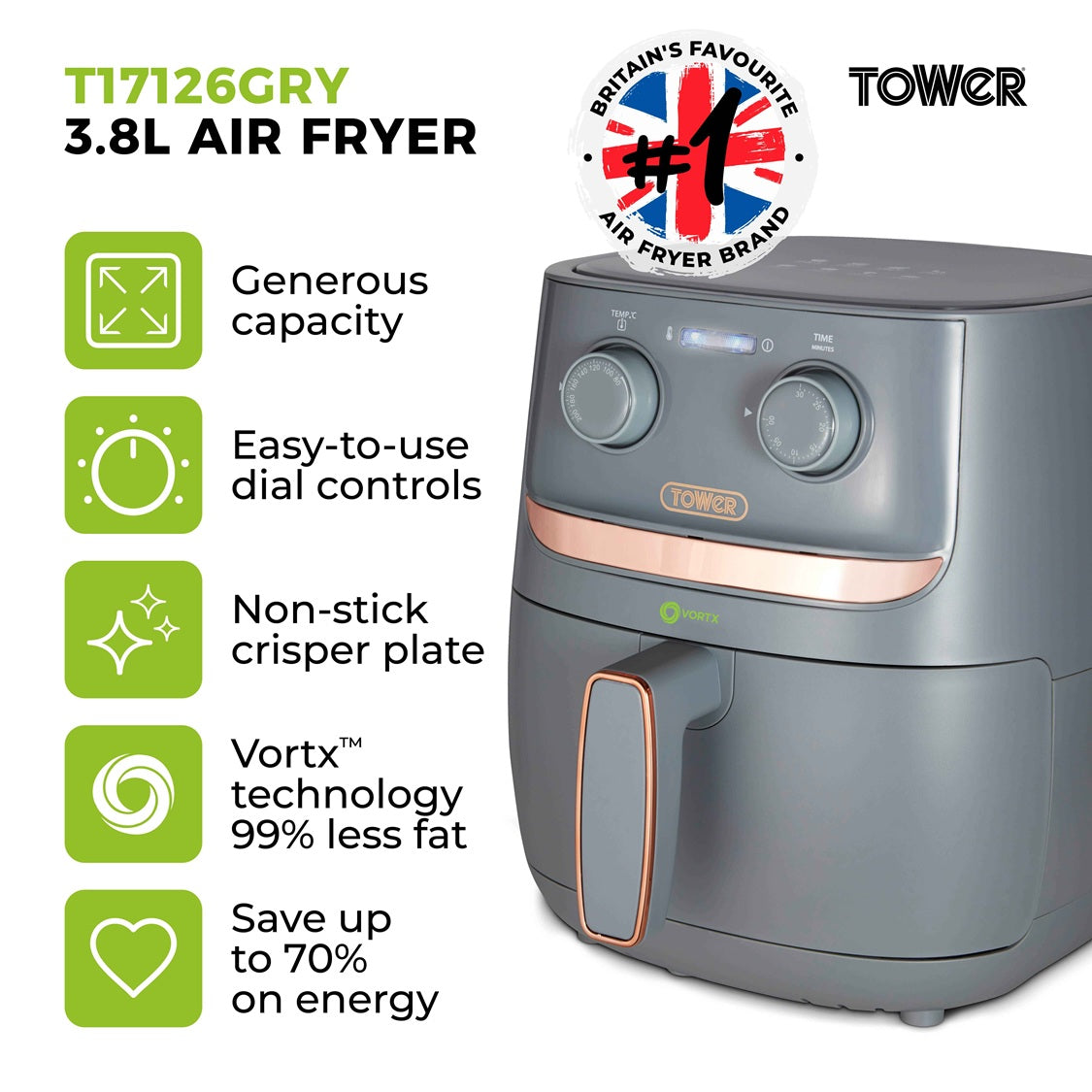 Tower Vortx T17126GRY 3.8L Manual Basket Air Fryer Grey/Rose Gold