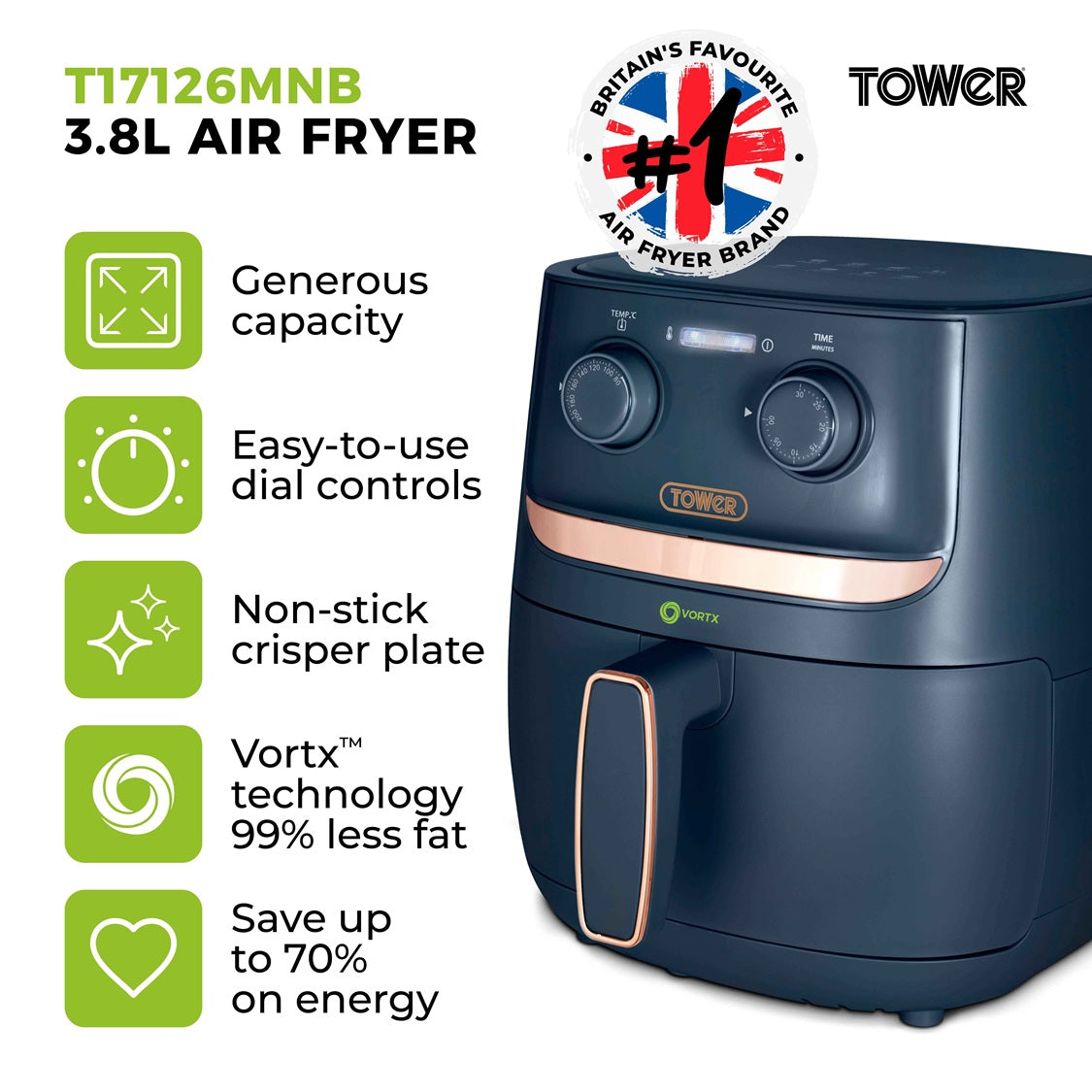 Tower Vortx T17126MNB 3.8L Manual Basket Air Fryer Midnight Blue/Rose Gold