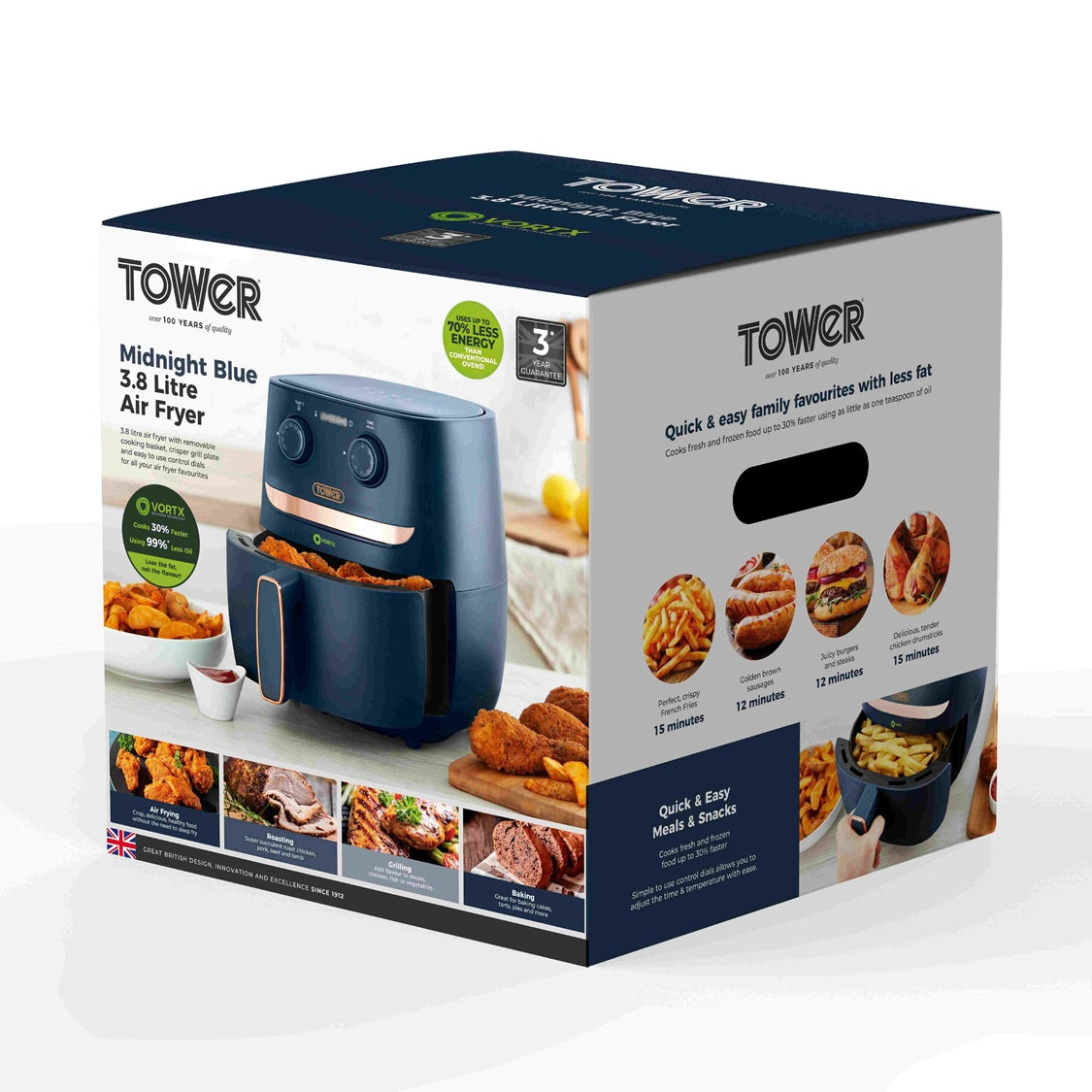 Tower Vortx T17126MNB 3.8L Manual Basket Air Fryer Midnight Blue/Rose Gold