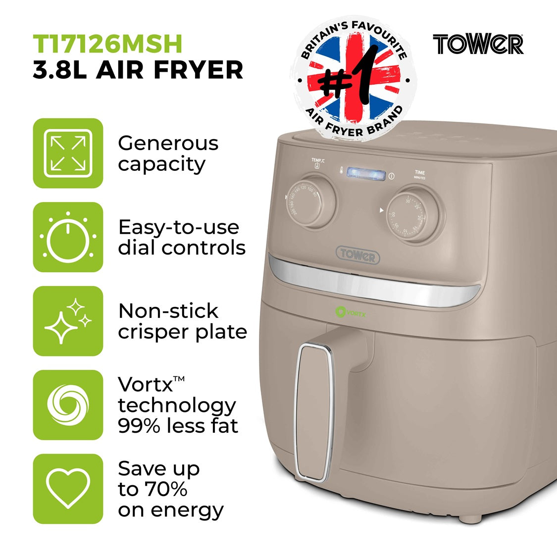 Tower Vortx T17126MSH 3.8L Manual Basket Air Fryer Mushroom/Silver