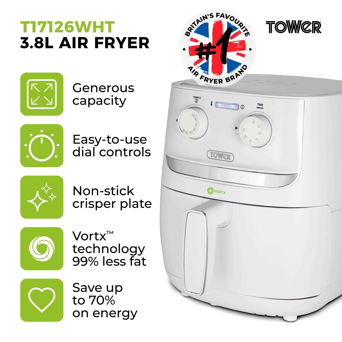 Tower Vortx T17126WHT 3.8L Manual Basket Air Fryer White/Silver