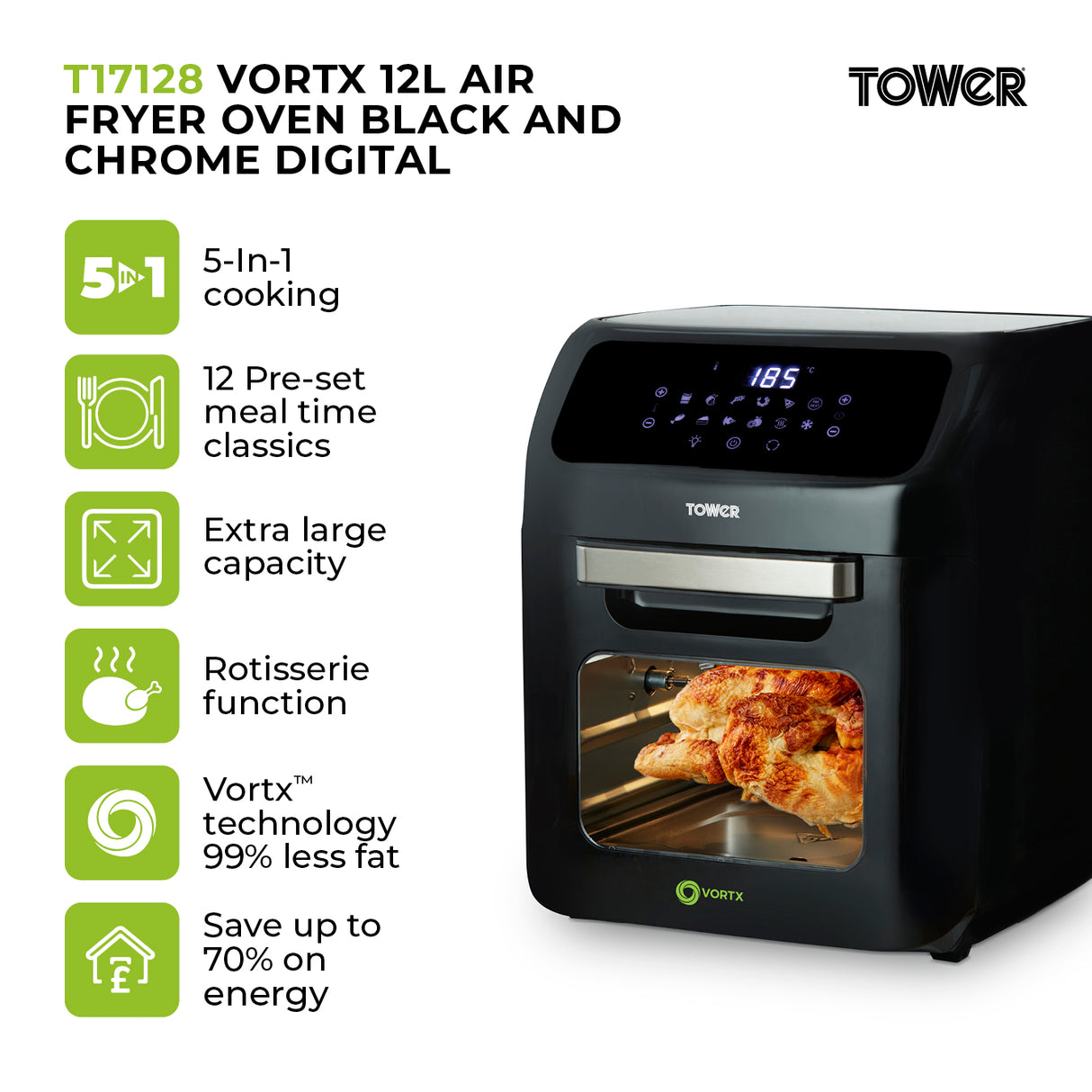 Tower Vortx T17128 12L Digital Air Fryer Oven Black