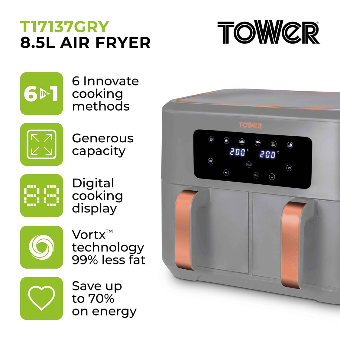 Tower Vortx T17137GRY 8.5L Digital Dual Basket Air Fryer Grey/Rose Gold