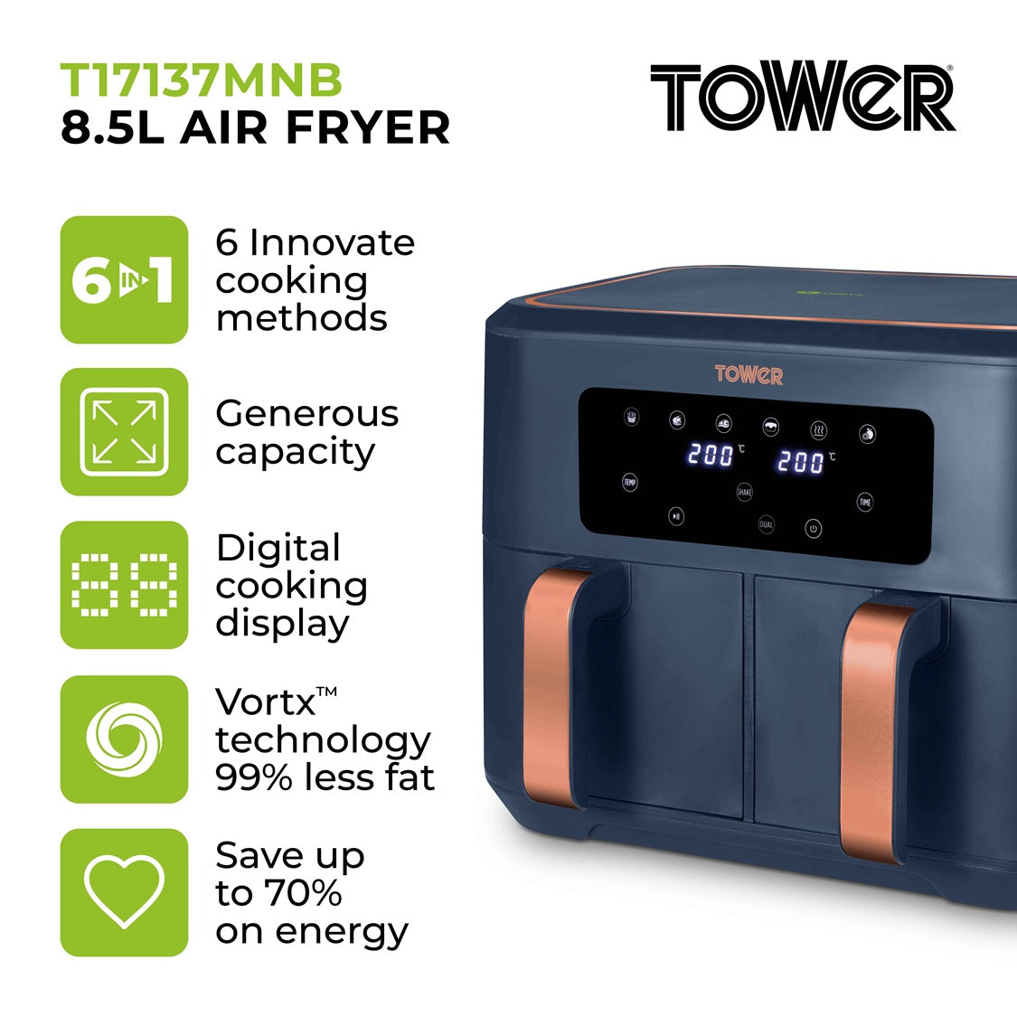 Tower Vortx T17137MNB 8.5L Digital Dual Basket Air Fryer Midnight Blue/Rose Gold