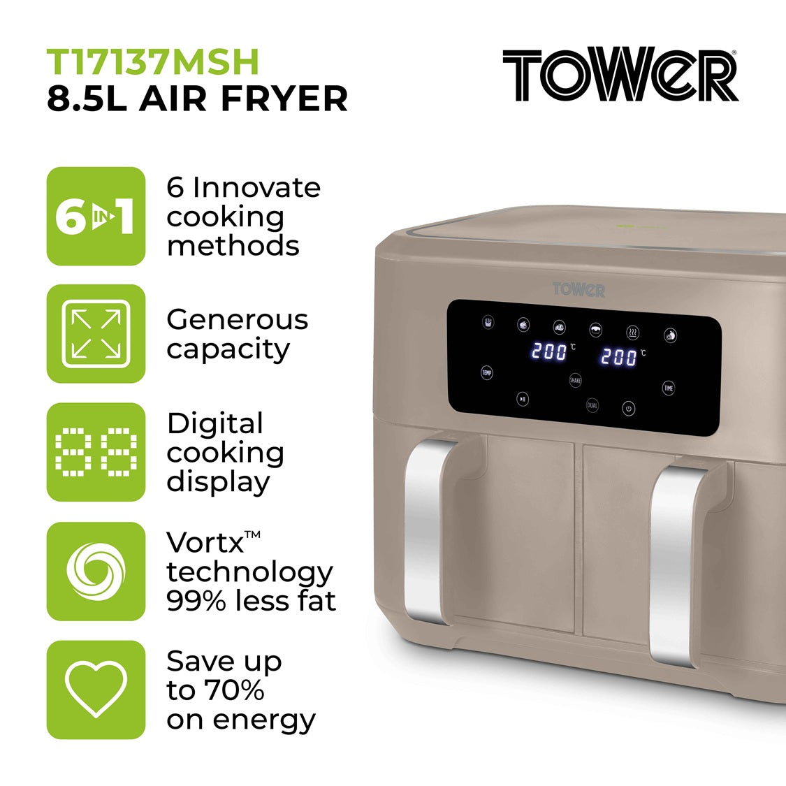 Tower Vortx T17137MSH 8.5L Digital Dual Basket Air Fryer Mushroom/Silver